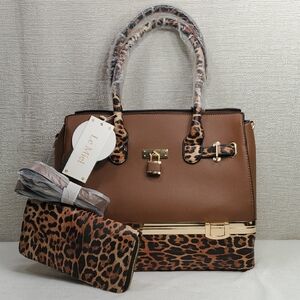 Le Miel Brown Leopard Print Satchel Handbag & Matching Wallet NWT
